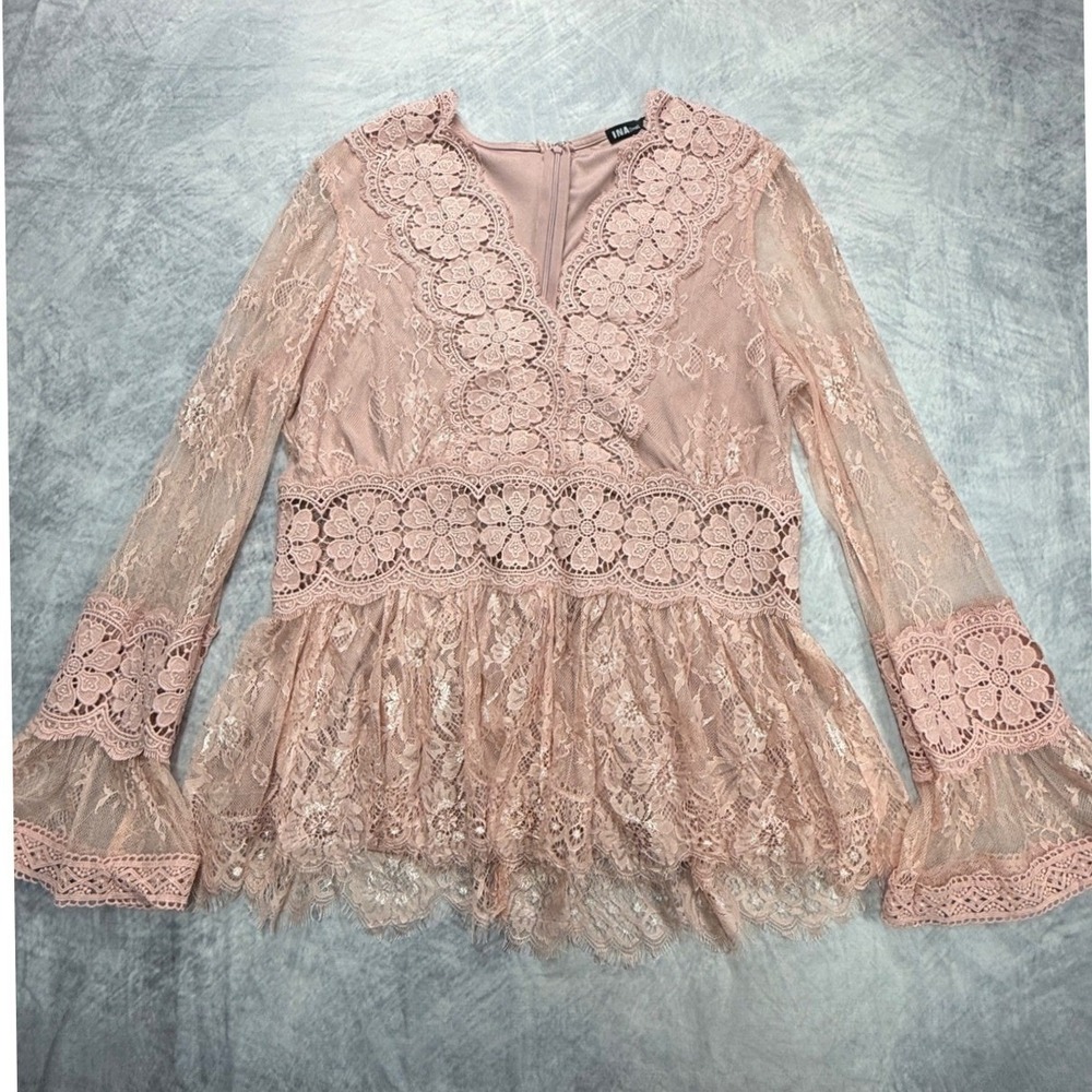 Pink Lace Bell Sleeve Peplum Top Womens sz L fairy grunge shabby chic ethereal